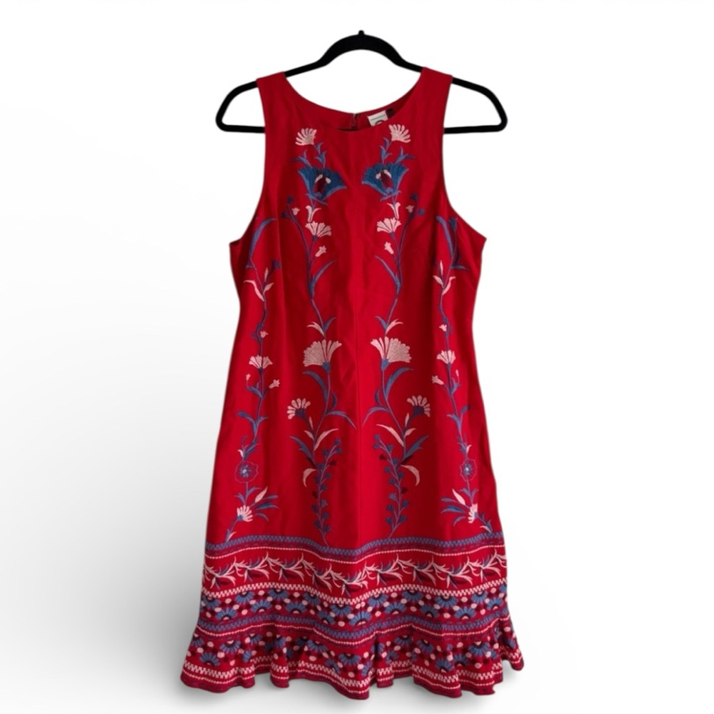 Anthropologie Akemi + Kin Red Sleeveless Embroidered Shift Dress Linen Blend M - Picture 2 of 8